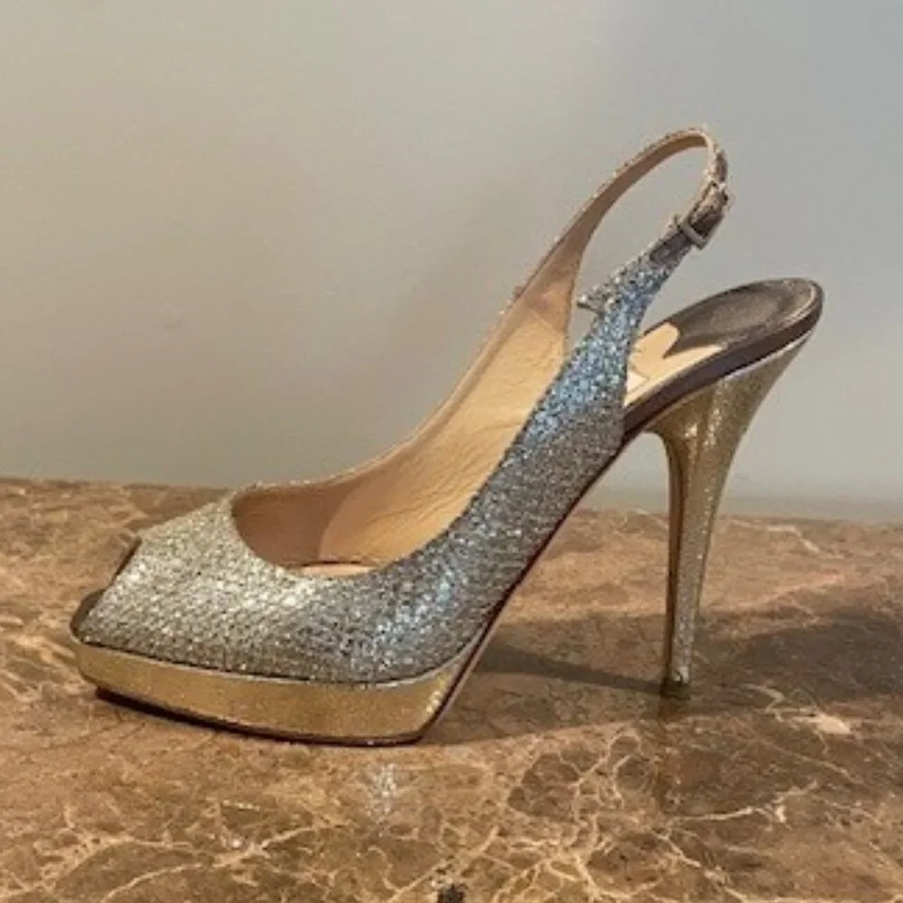 Jimmy Choo CLUE Champagne Platform PeepToe Slingback Heels – Sz 7.5